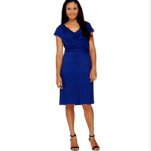 Halston Blue Draped Cowl Neck Dress Size 6 Frost Print Ruched Office Career EUC - Picture 2 of 6